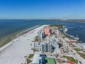 On the beach, sun loungers, beach towels