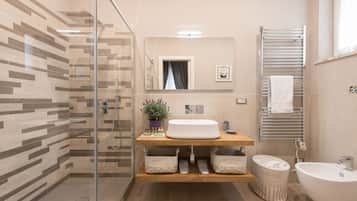 Shower, hair dryer, bidet, towels