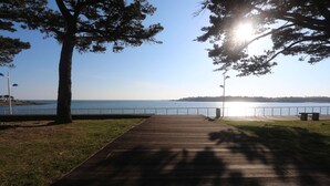 Un sentier en bois mène à la promenade en bord de mer, d’où l’on a une vue dégagée sur la mer et sur la côte, qui se profile à l’horizon.
