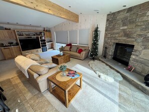 TV, fireplace, DVD player, books