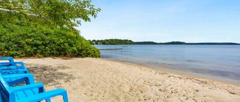 On the beach, sun-loungers, beach towels