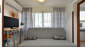 A living room with a grey sofa, two patterned cushions, a flat-screen TV on a wooden stand, a potted plant, and a window with sheer curtains.