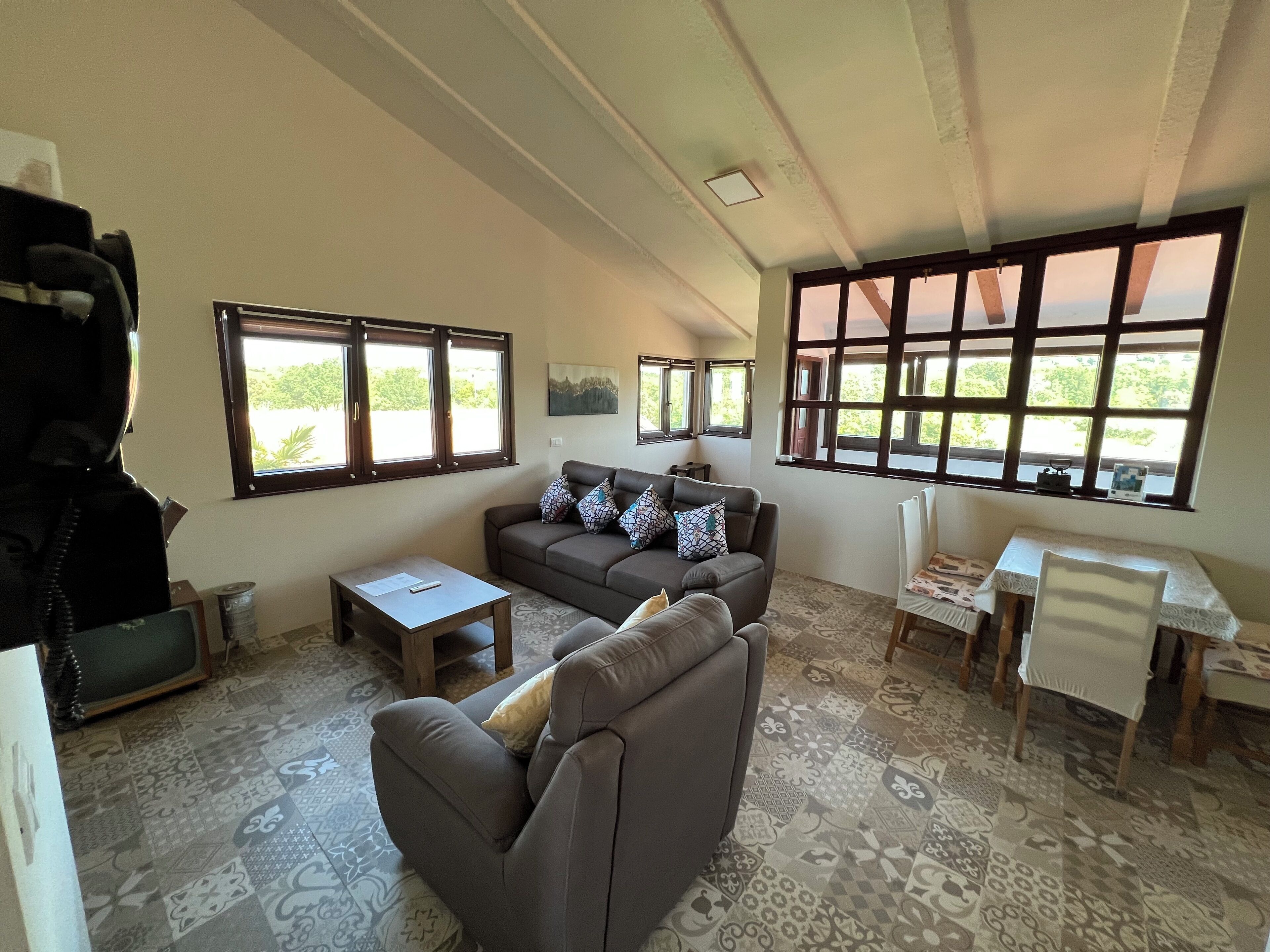 Un salon spacieux comprenant un canapé, une table basse et un coin repas avec une table et des chaises. De grandes fenêtres laissent entrer la lumière naturelle et offrent une vue sur la verdure environnante.