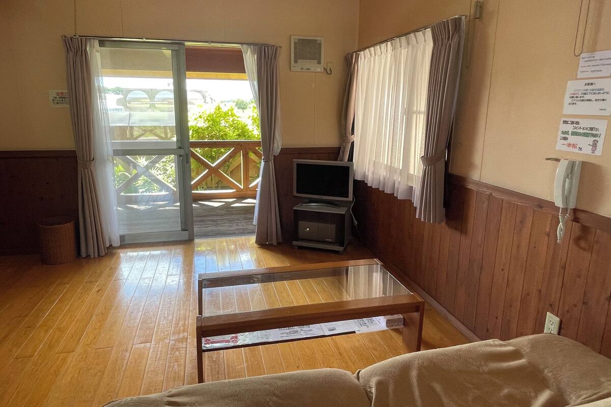 A room with a wooden floor, a sofa, a TV, a telephone, and a sliding glass door leading to an outdoor area with a wooden deck.