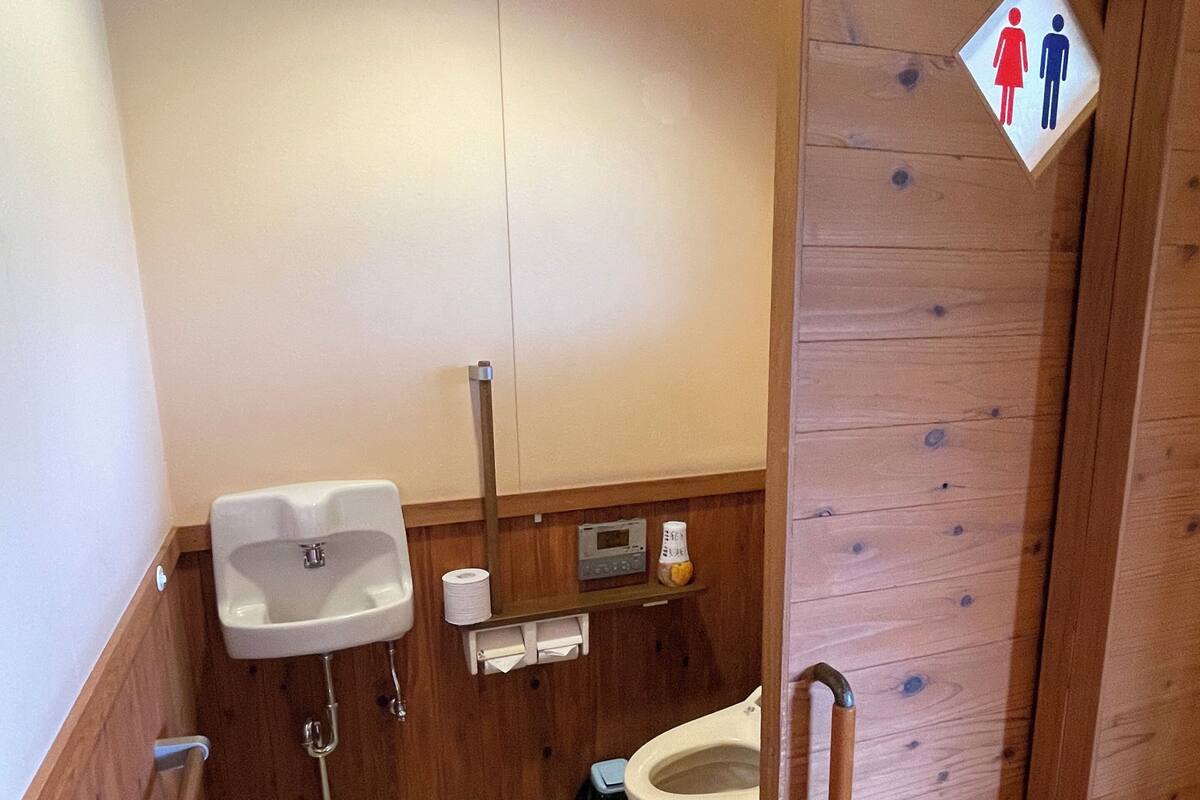 A small, wooden-finished bathroom with a toilet, a sink, and a hand dryer.
