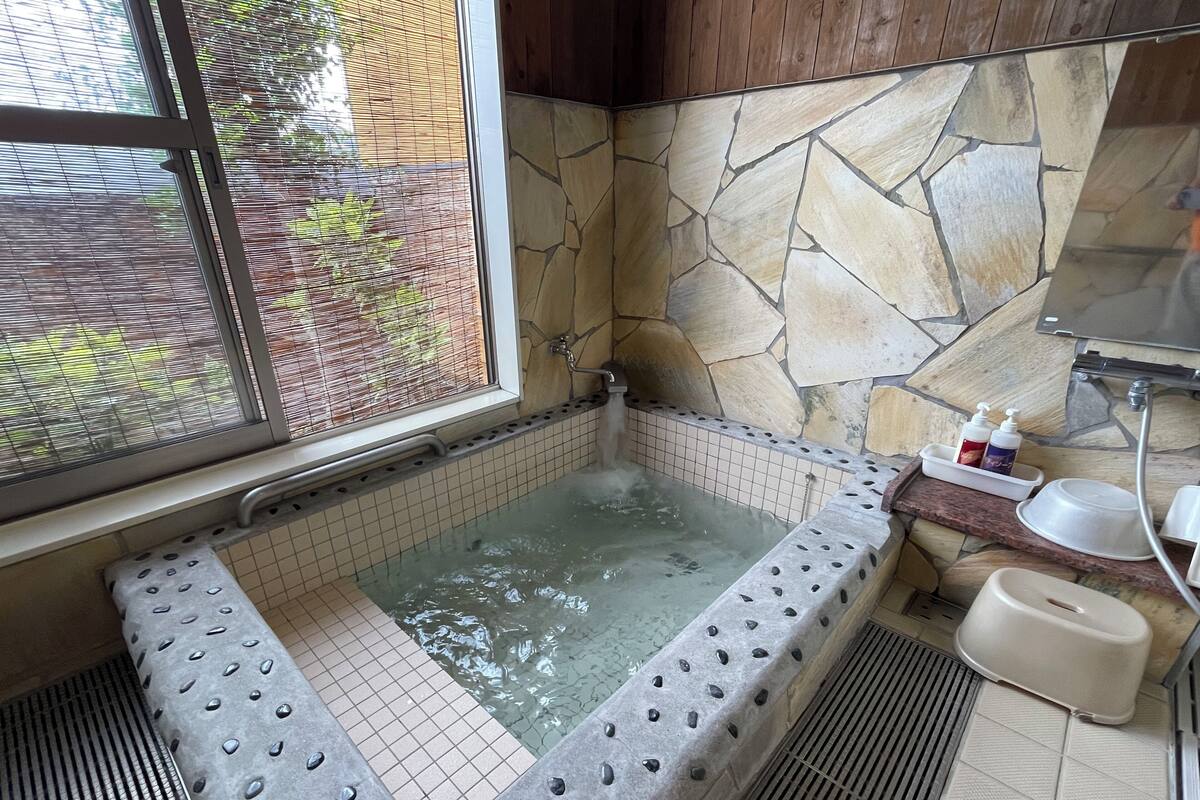 A bathroom with a stone wall, a bathtub, a window, and a shower area.