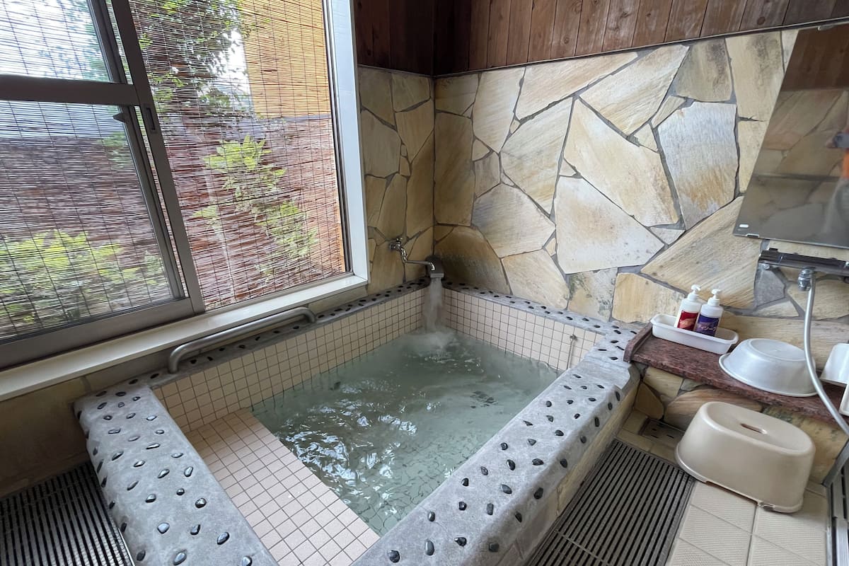 Un baño con pared de piedra, bañera, ventana y zona de ducha.