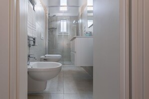 Shower, hair dryer, bidet, towels