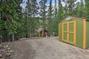A rustic cabin surrounded by dense forest, a fenced area, and a small shed.