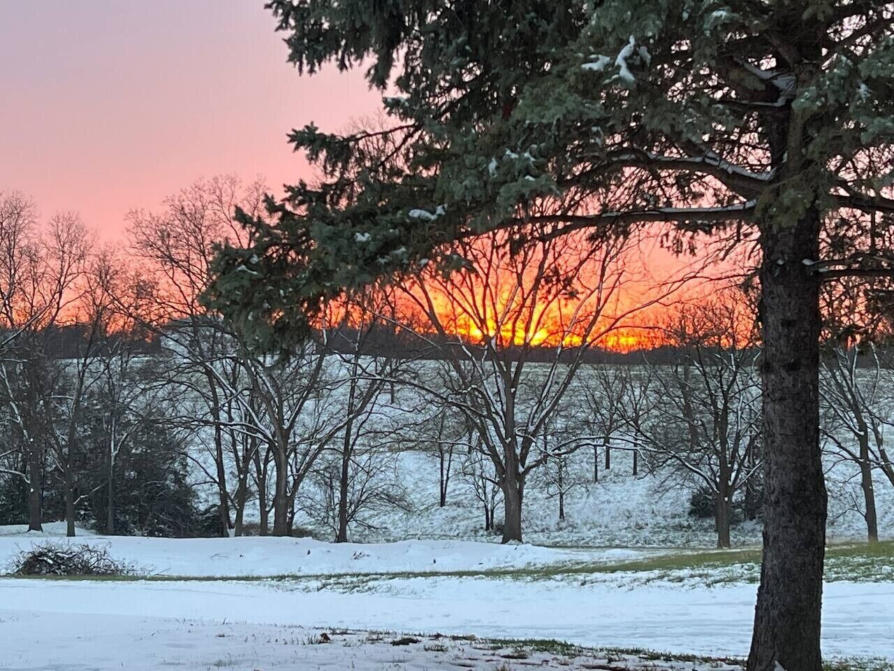 Een besneeerd landschap met bomen en een zonsondergang op de achtergrond.