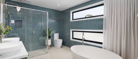 Shower, hair dryer, towels, soap