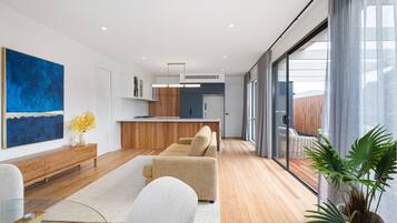 Smart TV, fireplace, books