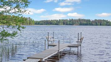 A wooden dock extending into a calm lake with a forested shoreline in the background.