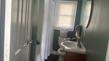 Hair dryer, towels, soap, toilet paper