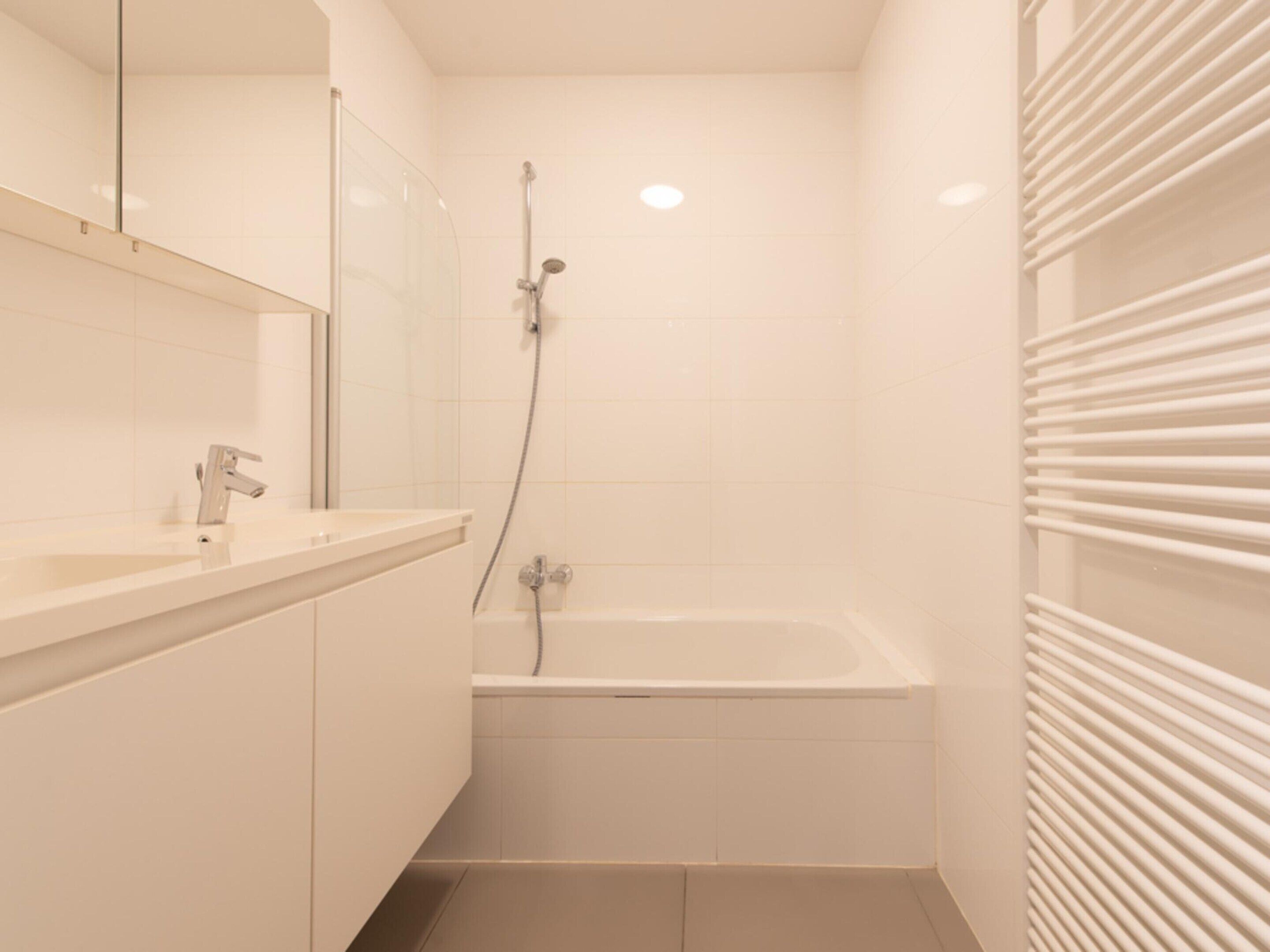 A modern bathroom with a bathtub, a shower, and a vanity with a mirror.