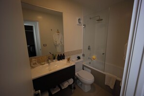 Douche, séchoir à cheveux, serviettes fournies, savon
