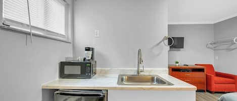 Fridge, microwave, coffee/tea maker