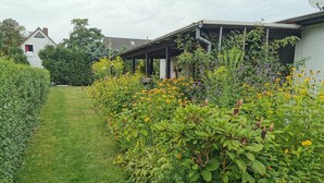 A garden with a pathway leading to a building with a covered porch.