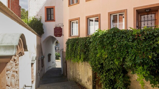 Un estrecho callejón con un edificio a un lado y una pared cubierta de hiedra al otro.