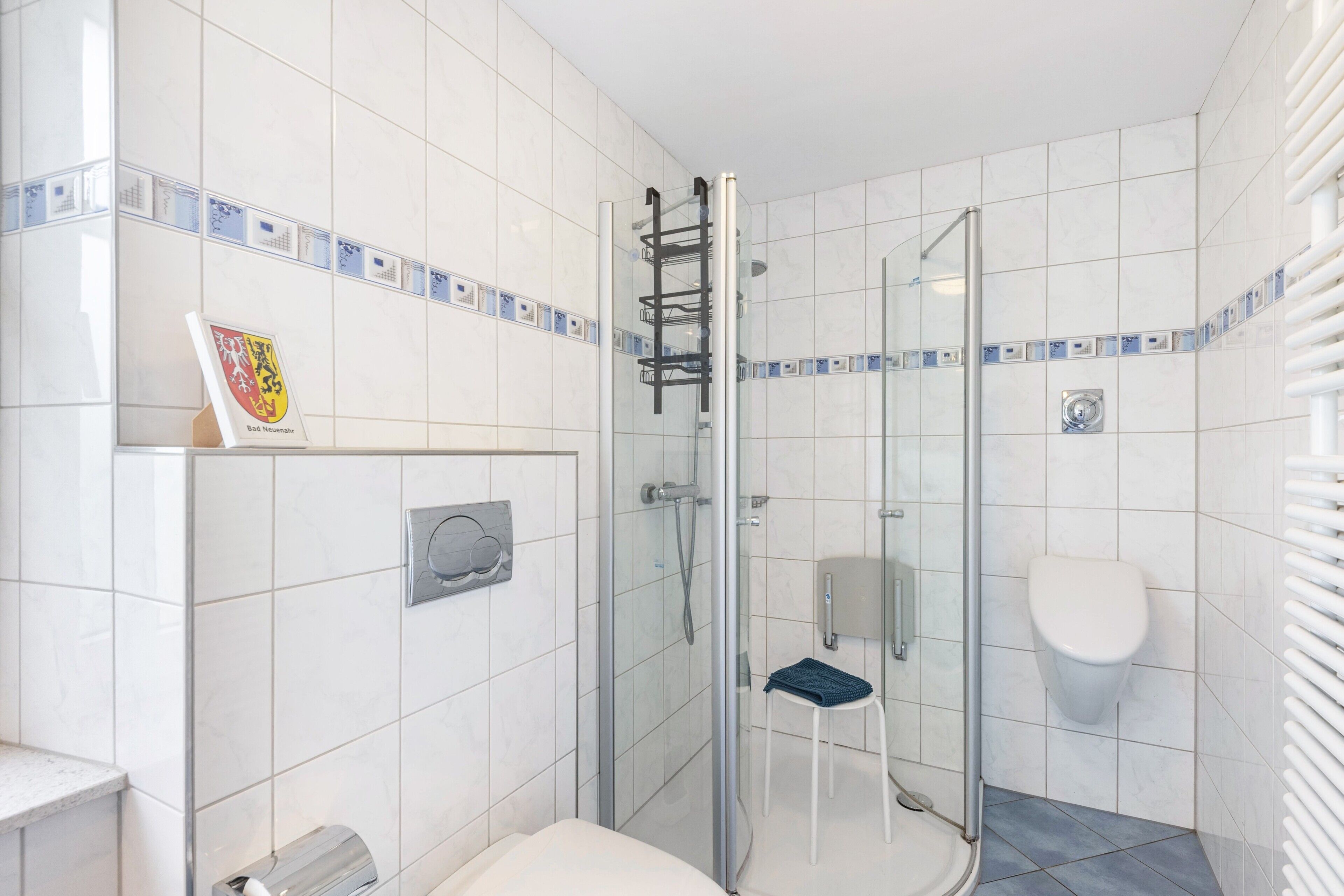 Un baño con ducha de vidrio, inodoro y perchero para toallas.
