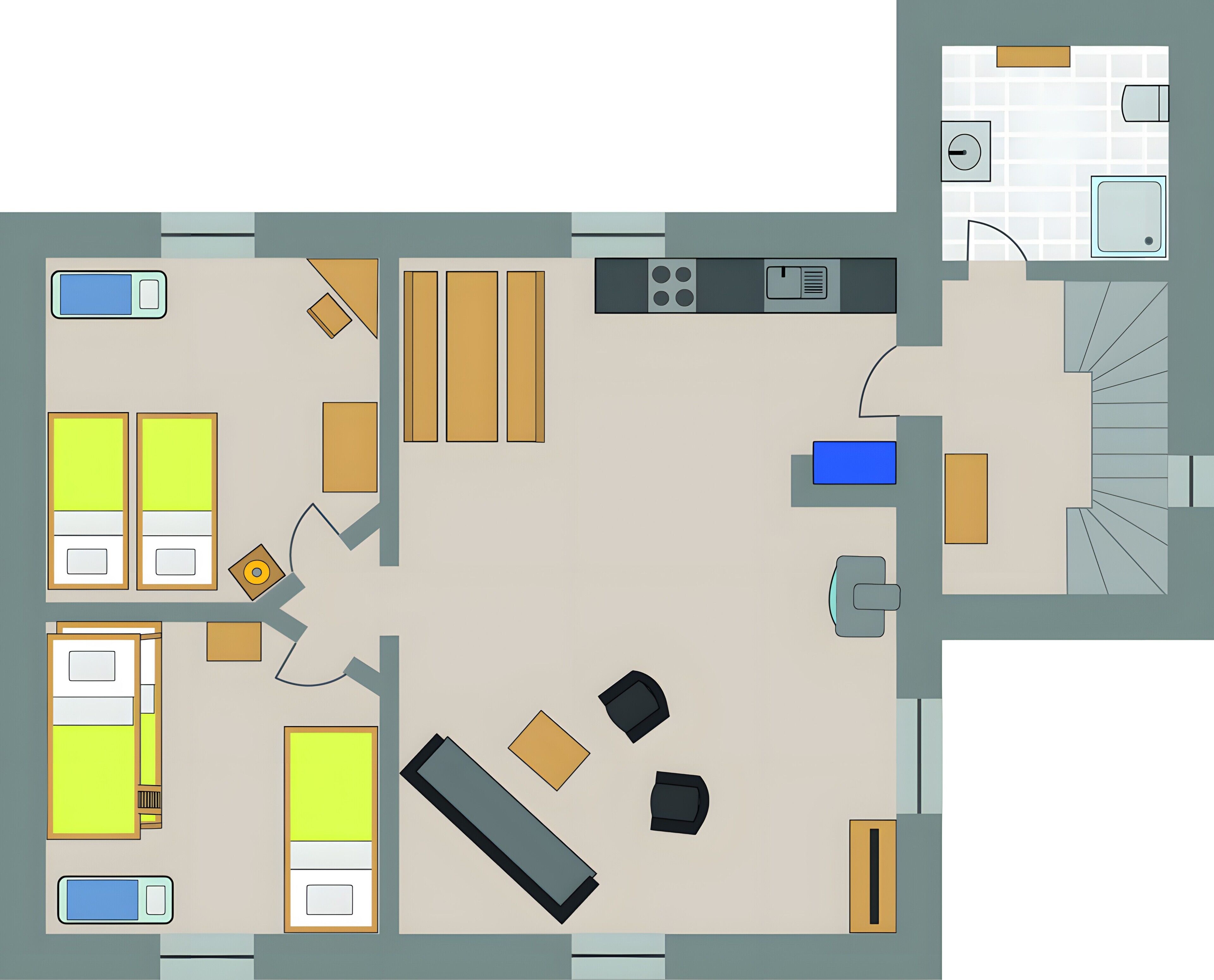 Un hôtel comprenant plusieurs chambres, une cuisine, un coin repas et une salle de bain.