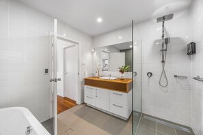 Hair dryer, towels, soap, shampoo