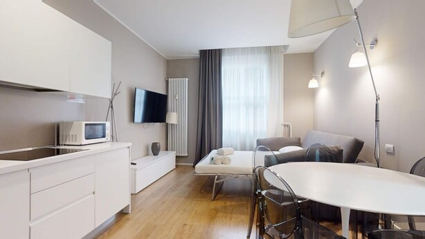 A modern, compact living space with a kitchenette, a flat-screen TV, a dining area, and a sofa.