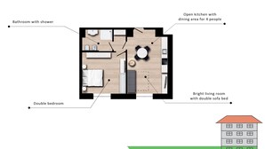 A 2nd floor apartment layout with a bathroom, double bedroom, bright living room with double sofa bed, and an open kitchen with dining area for 4 people.