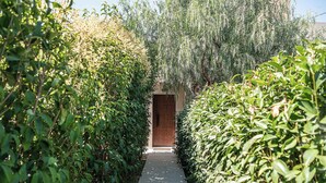 Un sendero que lleva a una puerta de madera, rodeado de follaje denso.