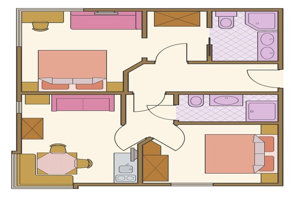 A floor plan of a hotel with a kitchen, two bedrooms, a bathroom, and a dining area.