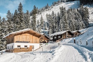 A wooden chalet with a sloped roof, a stone foundation, and a small staircase leading to the entrance.