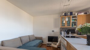 A compact living space with a sofa, a small TV, a kitchen area with cabinets and a countertop, and a dining chair.