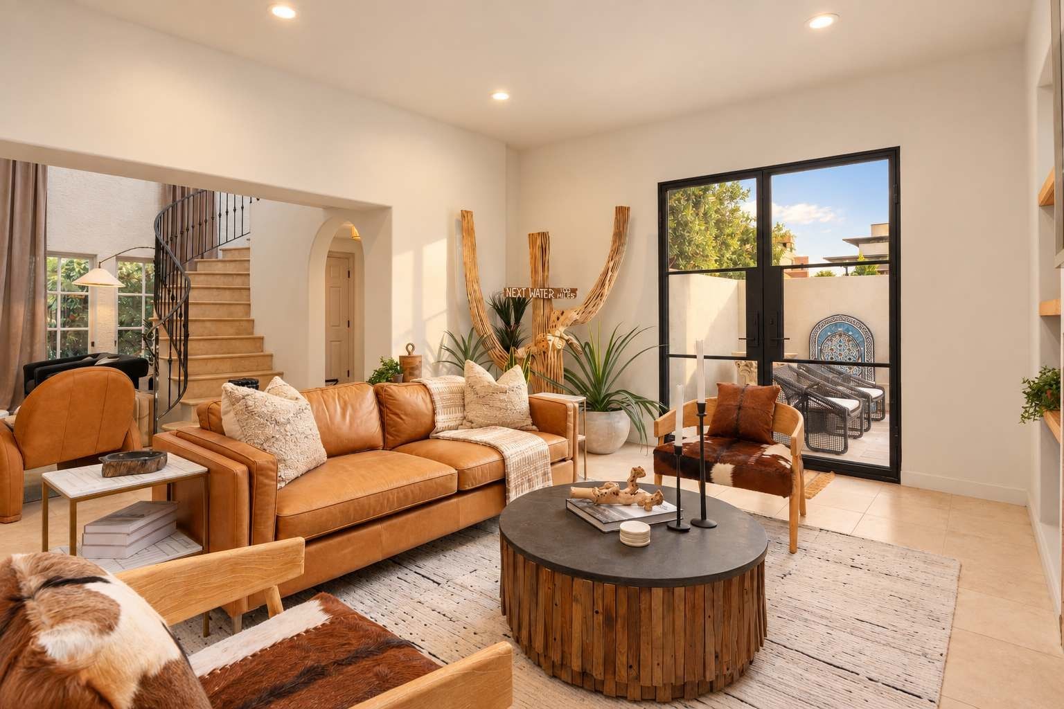 A modern living room with a sofa, coffee table, and a dining area with chairs.