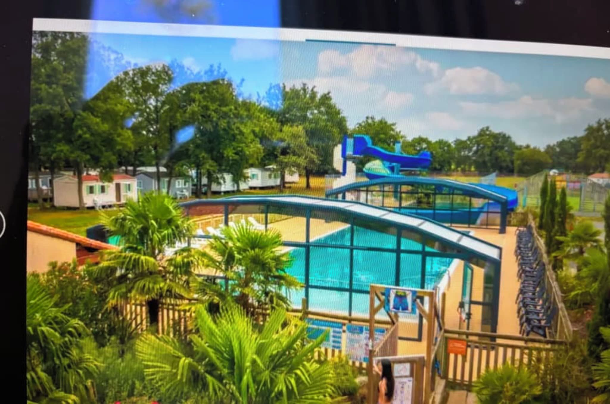 Ein Swimmingpool mit Rutsche, umgeben von Palmen und blauem Himmel.