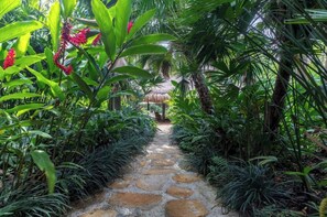 Un sendero de piedra bordeado por exuberante vegetación tropical que conduce a una estructura con techo de paja.