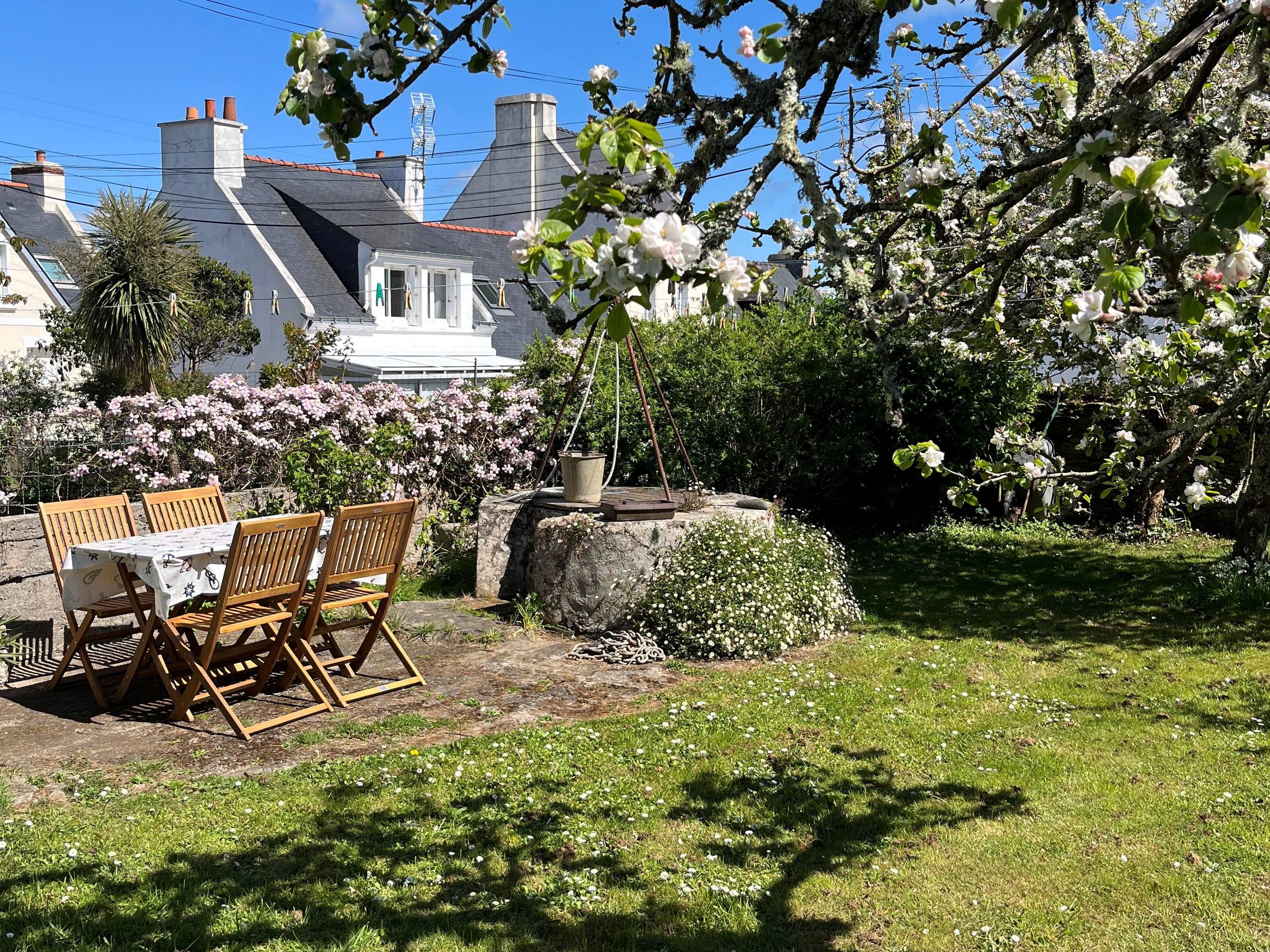 Eine Terrasse mit Tisch und Stühlen, umgeben von blühenden Sträuchern und einem großen Baum mit Blüten.