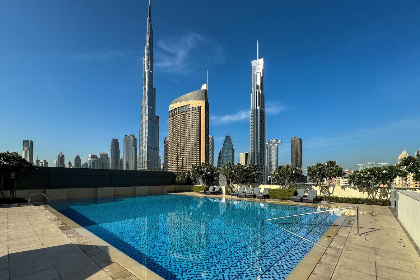 Una piscina en la azotea con el horizonte de la ciudad al fondo.