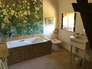 Shower, hair dryer, bidet, towels