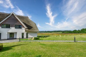 A modern house with a thatched roof, a paved driveway, and a grassy lawn with scattered rocks.