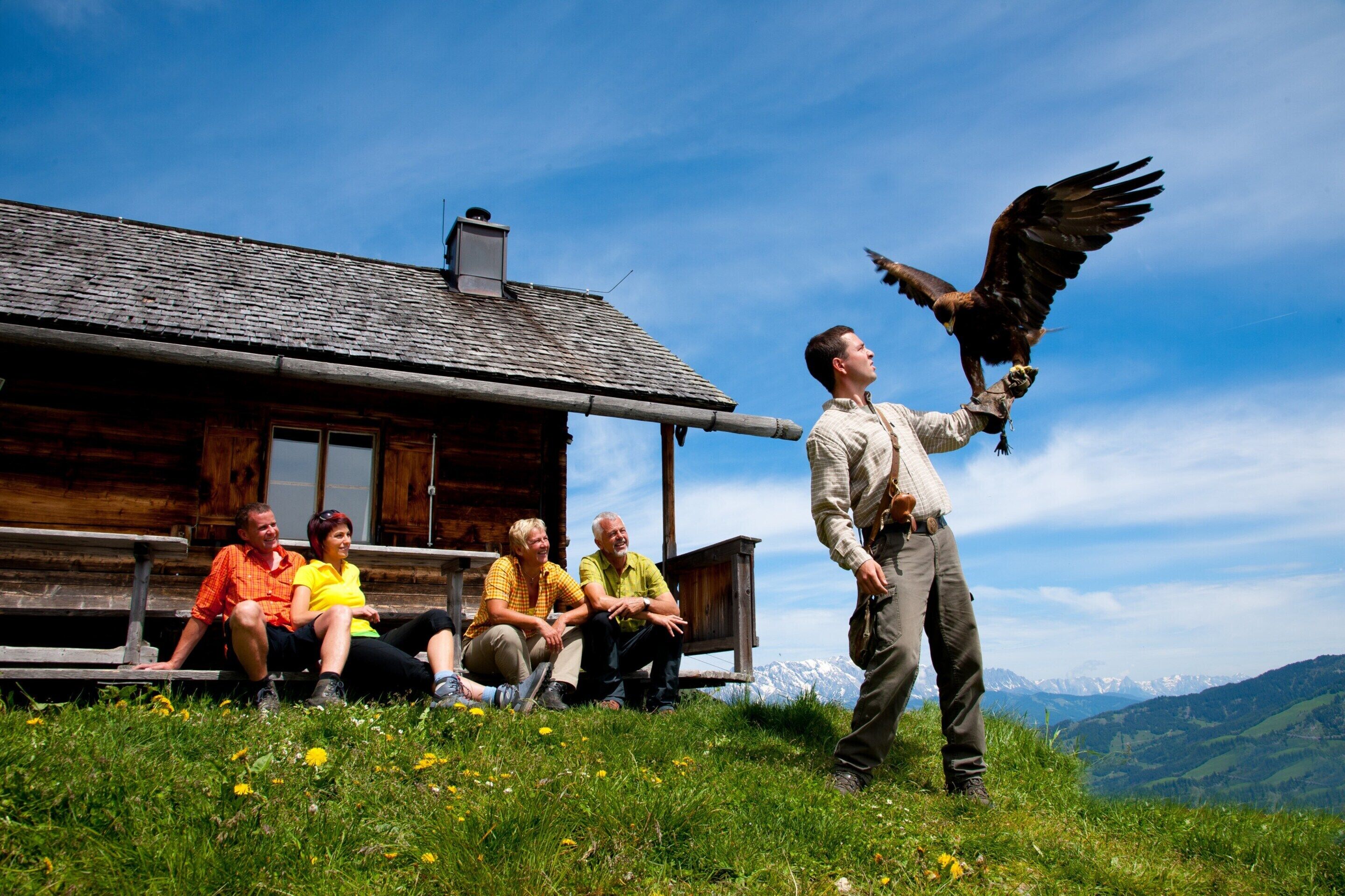 Eine rustikale Holzjagdhaus mit geneigtem Dach, einer Bank davor und einer Berglandschaft im Hintergrund.