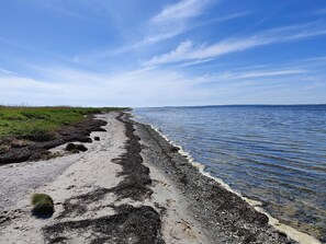 Une plage avec un ciel dégagé, un sentier sablonneux et une côte rocheuse.