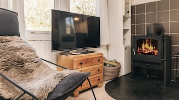 A cozy living room with a flat-screen TV, a fluffy chair, a wooden chest of drawers, and a wood-burning stove.