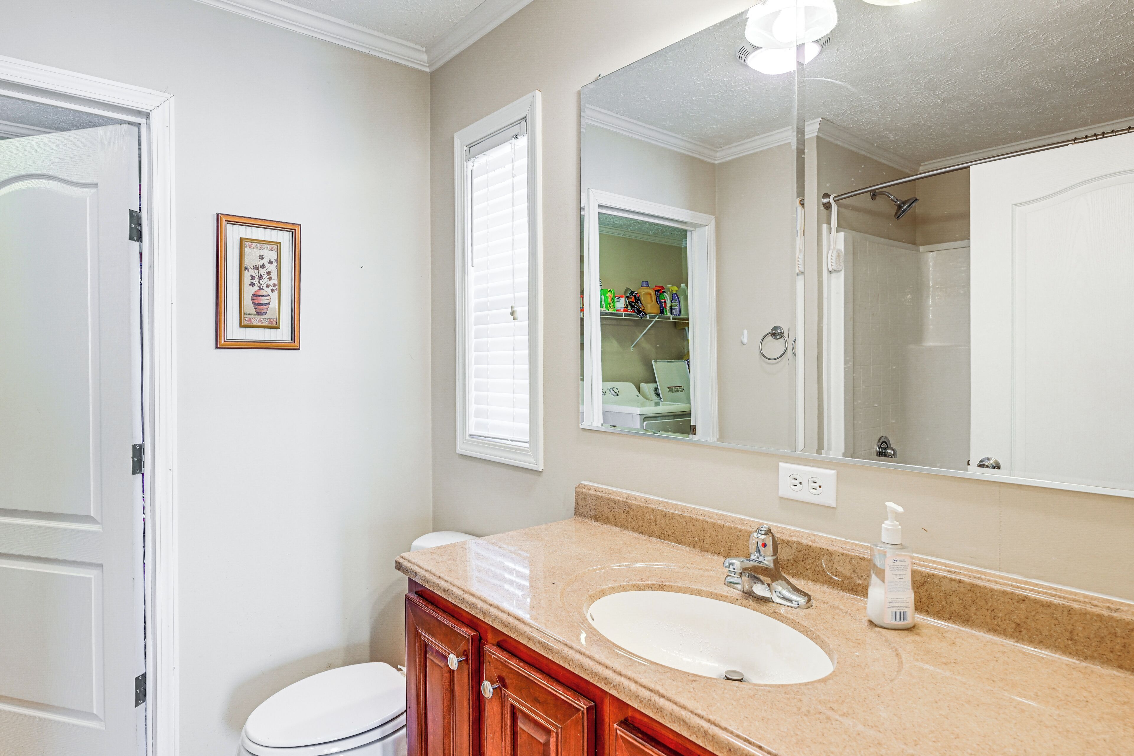 A bathroom with a white sink, vanity, and mirror. There is a framed picture on the wall and a toilet visible.