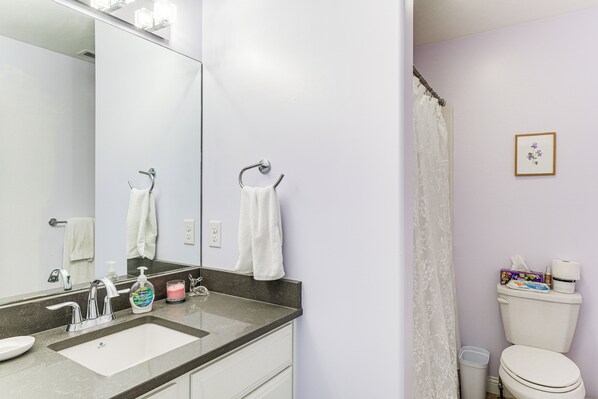 A bathroom with a sink, mirror, and toilet. - 1 Mi to Dtwn Newburgh: Quiet Home w/ Yard! (Newburgh)
