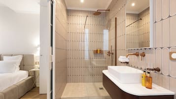 Regadera, secadora de cabello, toallas