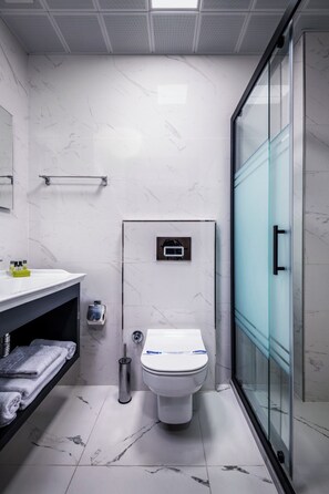 Douche, séchoir à cheveux, pantoufles, serviettes fournies