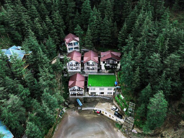 Vista aerea di una zona residenziale con diverse case immerse in una fitta foresta.