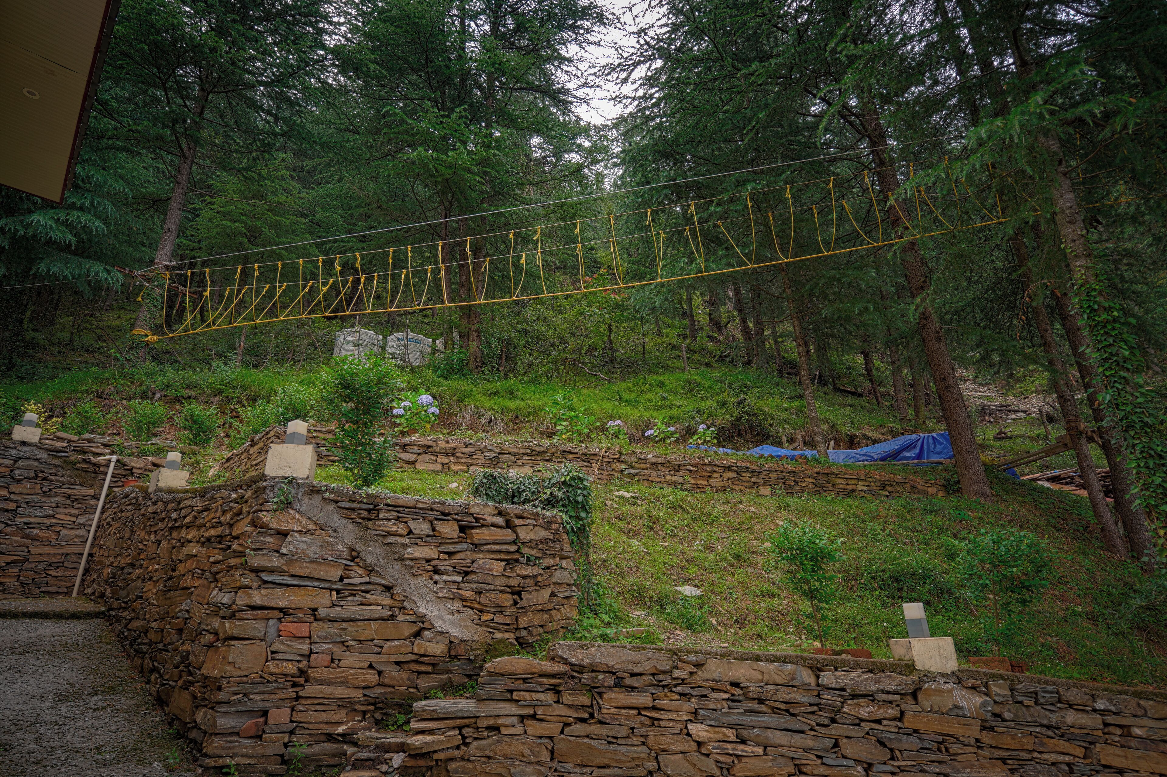 A stone wall with a rope bridge in a forested area.