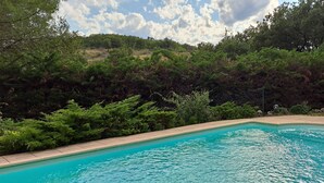 A swimming pool surrounded by lush greenery and trees. - The Mas of Largellas (Balazuc)