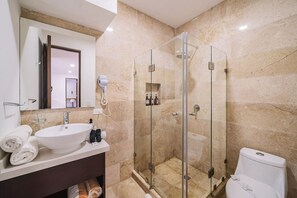 Hair dryer, towels, soap, shampoo